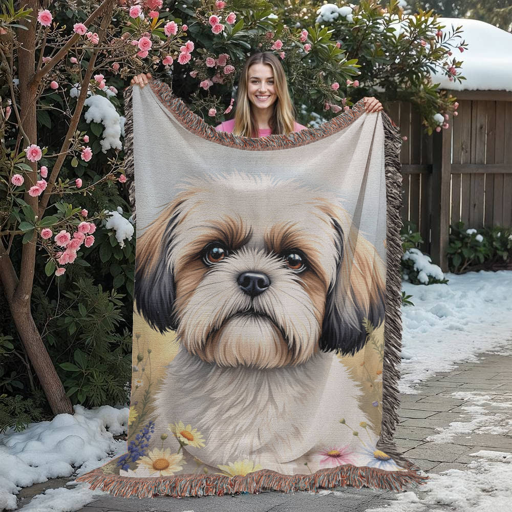Shih Tzu Wildflower Woven Cotton Throw Blanket