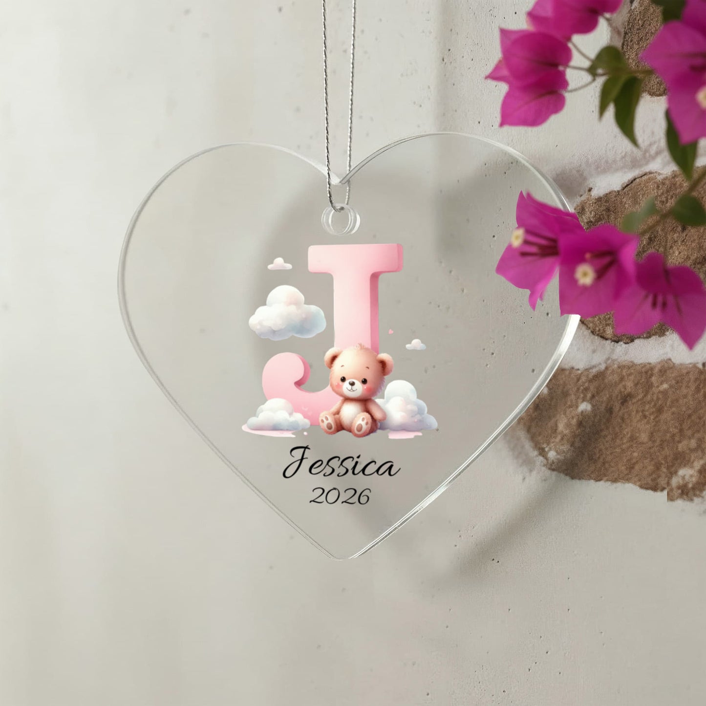 Pink Teddy Bear Acrylic Heart Ornament