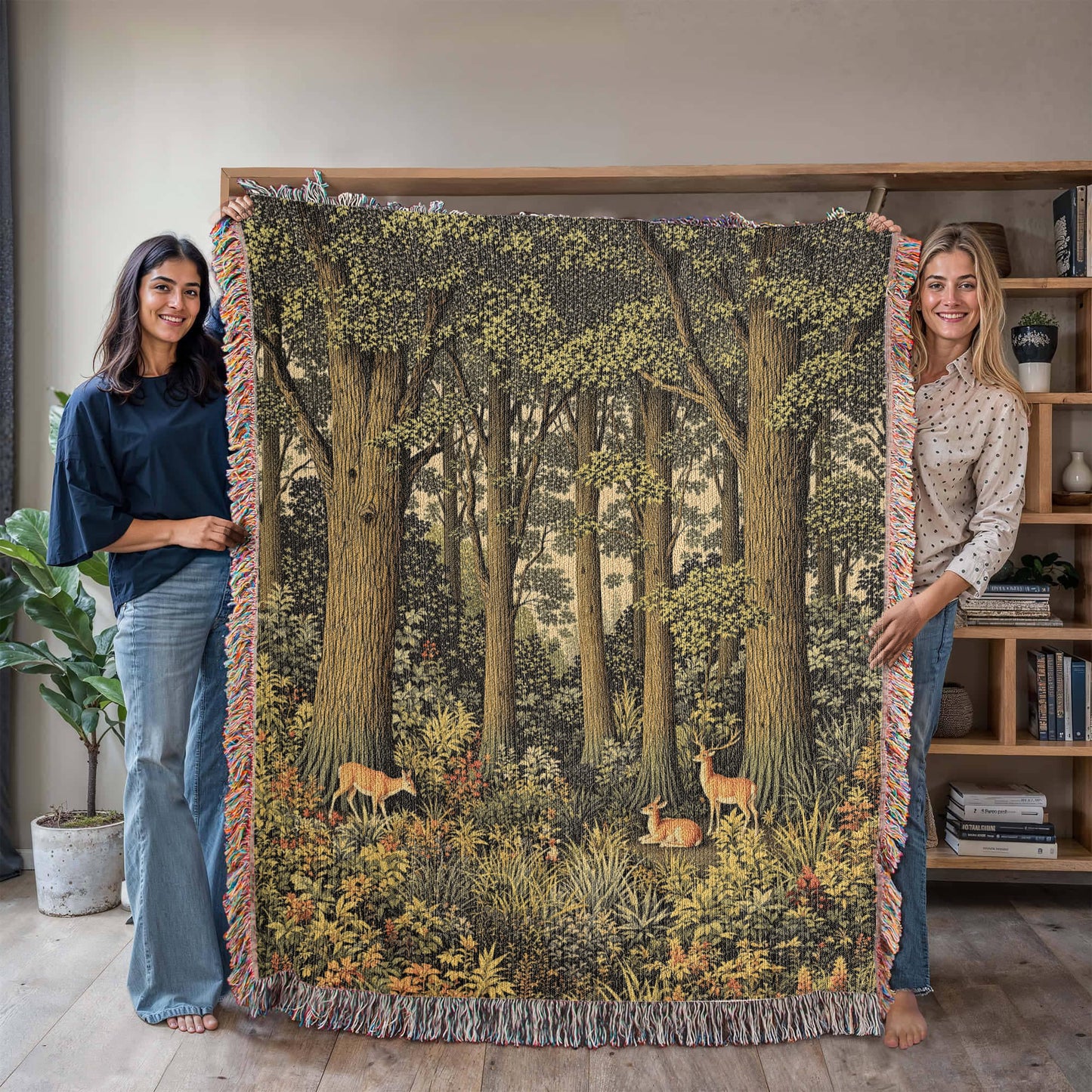 Forestcore Deer Woven Cotton Throw-[Heartfelt Family Gift]