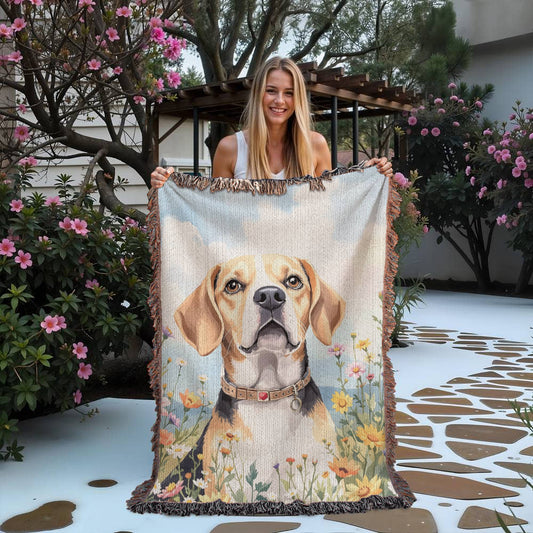 Watercolor Beagle Wildflower Floral Woven Cotton Throw Blanket