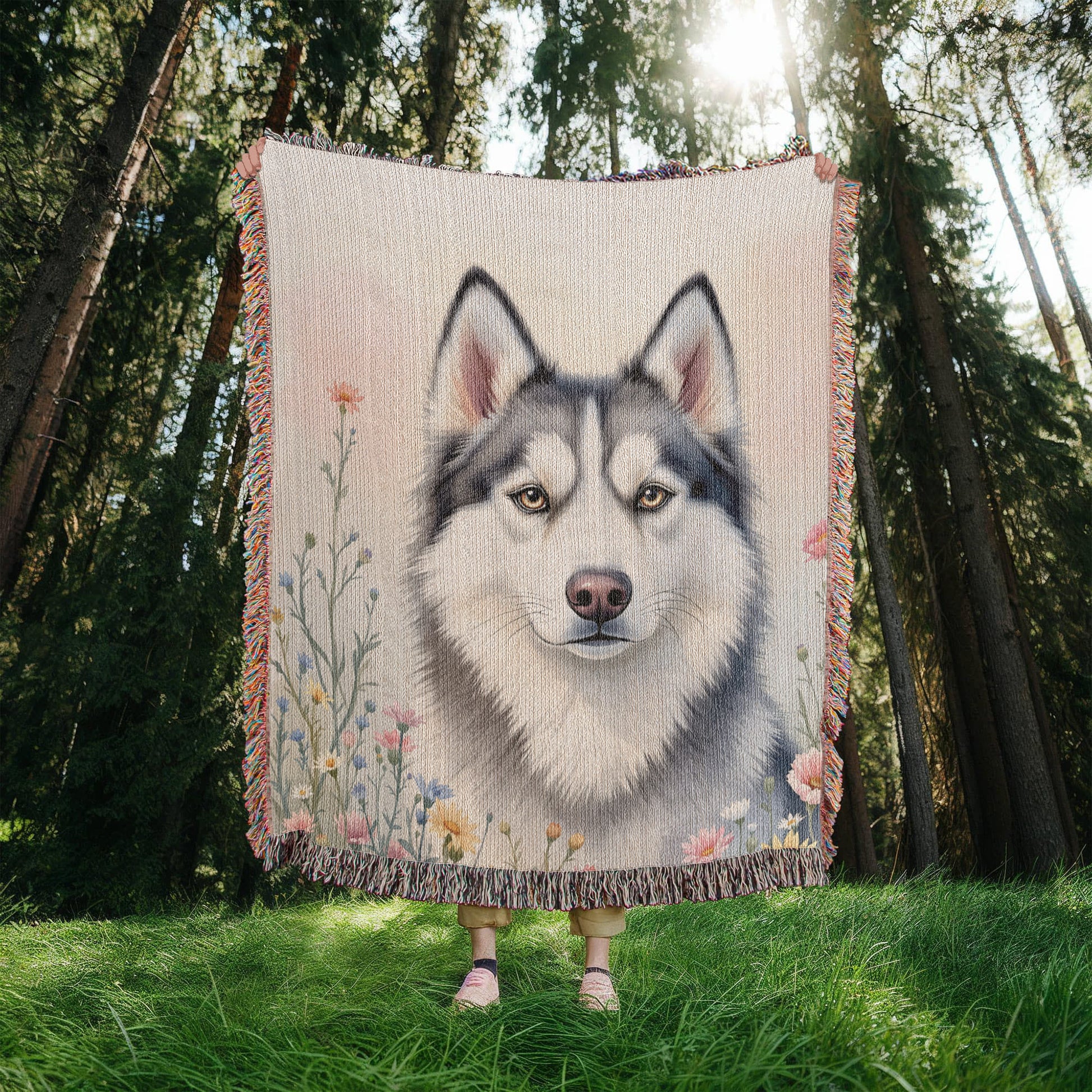 Husky Dog Wildflowers Woven Blanket-[Heartfelt Family Gift]