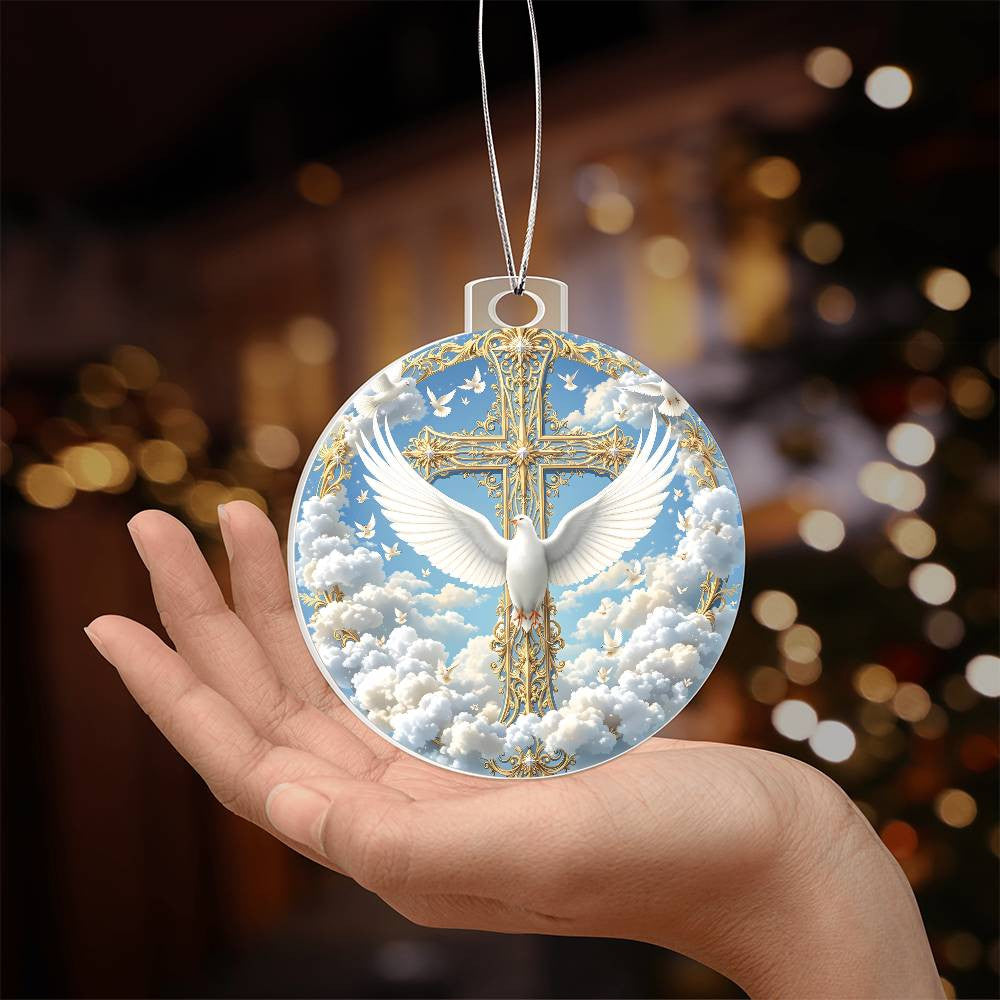 Cross and Dove Clear Acrylic Christmas Ornament-[Heartfelt Family Gift]