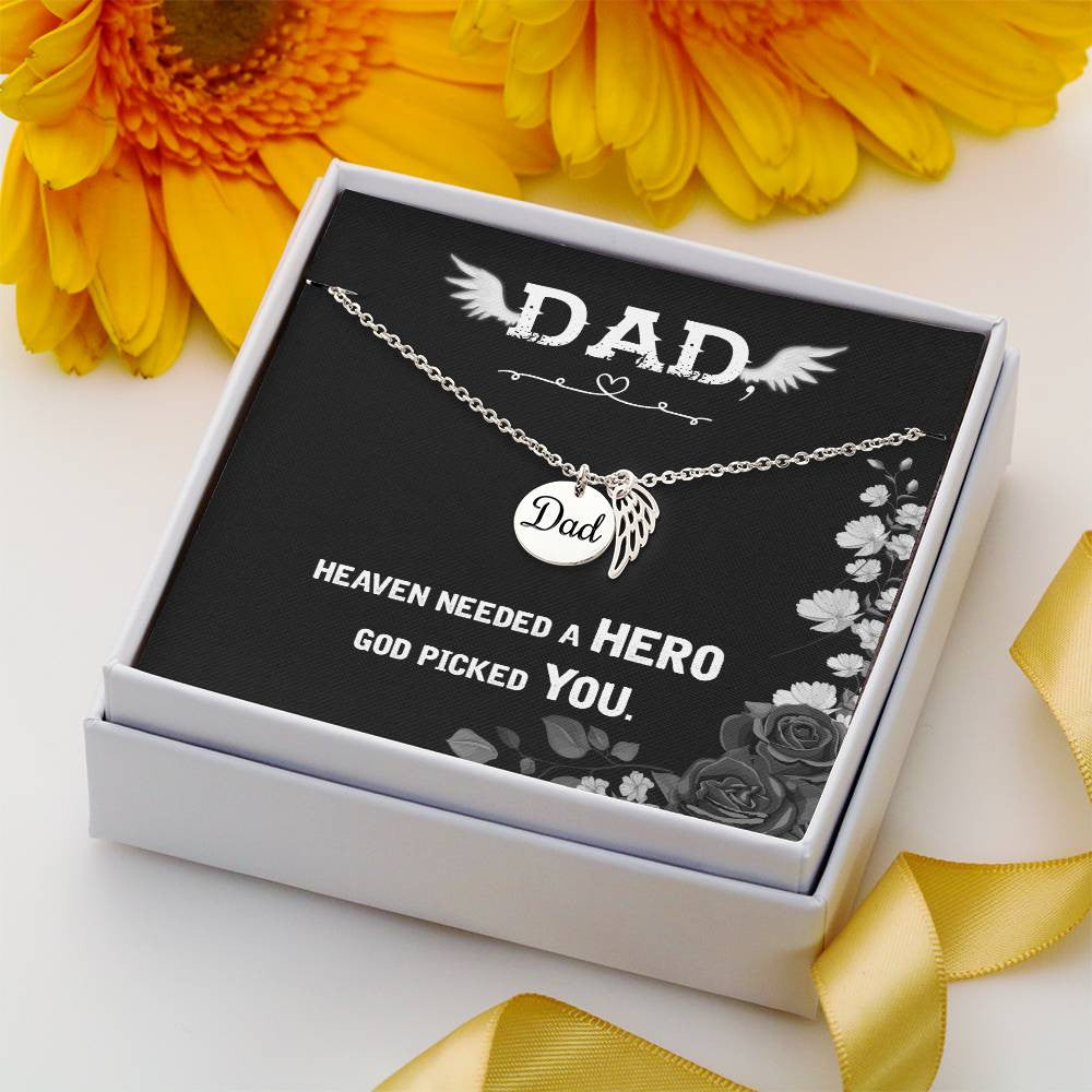 Dad Memorial Necklace Angel Wing Charm -Heaven needed a hero-[Heartfelt Family Gift]