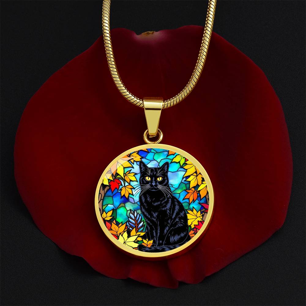 Fall Black Cat Pendant Necklace, Stained Glass Style, Autumn Leaves Jewelry, Cat Lover Gift, Halloween Statement Necklace, Unique Cat Pendant, Artistic Accessory