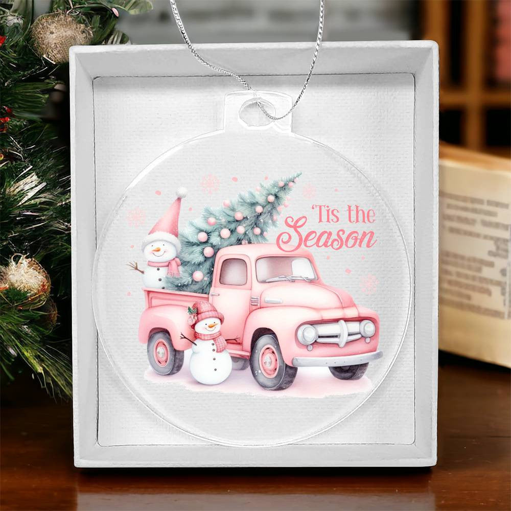 Pink Xmas Tree Pickup Truck Tis the Season Acrylic Christmas Ornament-[Heartfelt Family Gift]