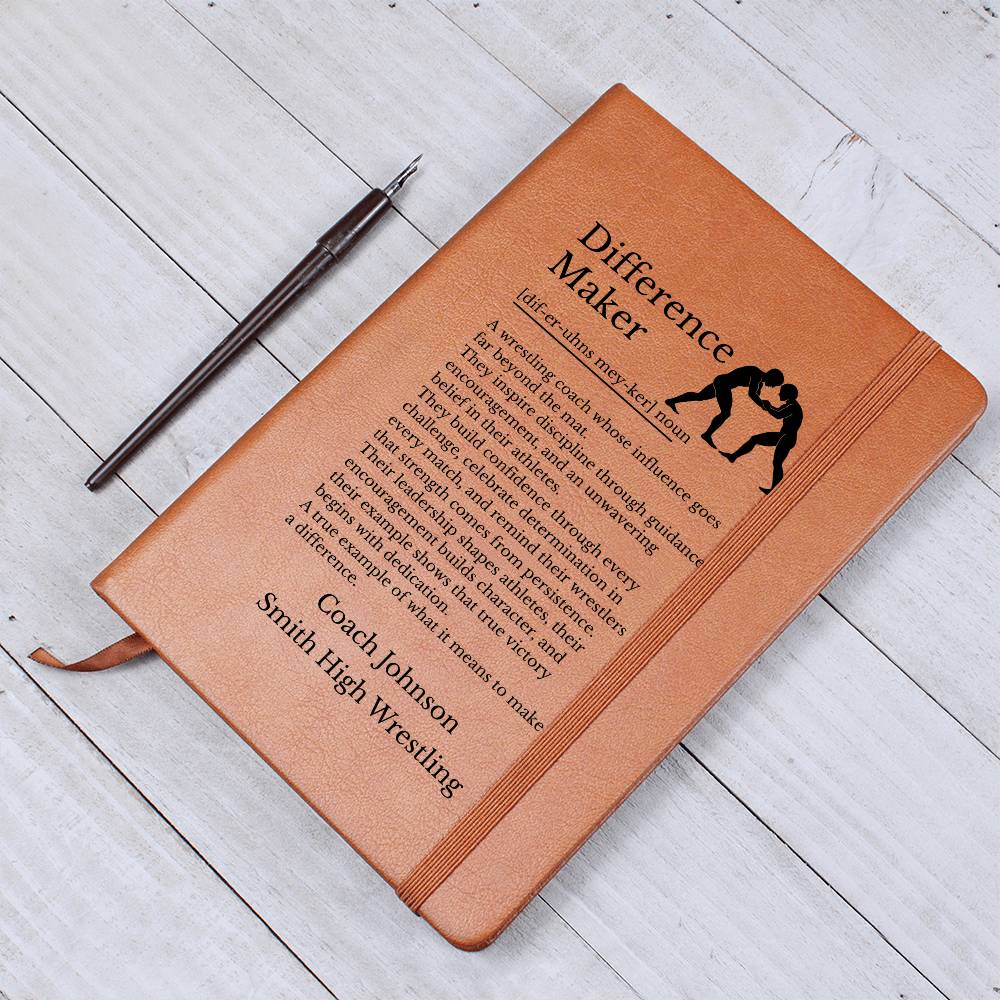 Wrestling Coach Gift, Difference Maker Vegan Leather Journal, Inspirational Notebook, Personalized Coach Appreciation
