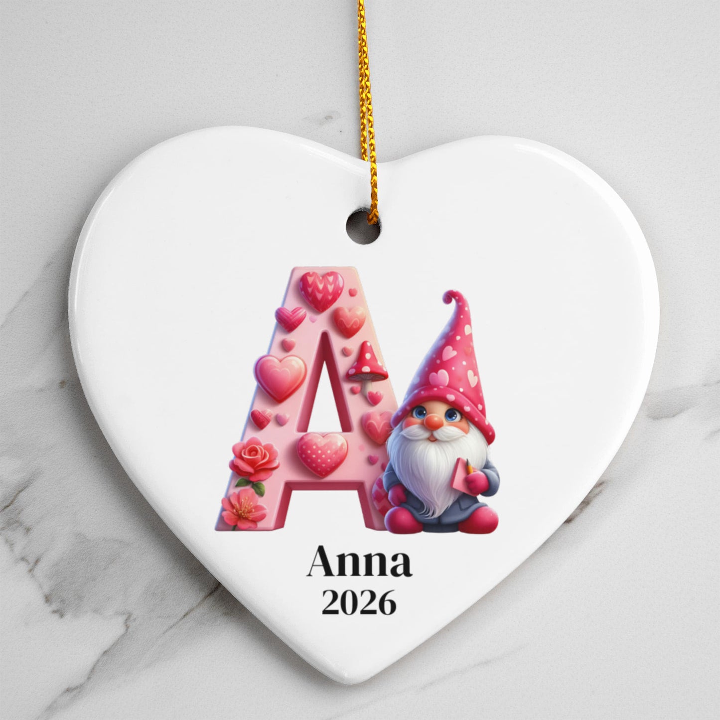 Personalized Heart Ornament, Pink Gnome Christmas Gift, Custom Holiday Decoration, Galentine's Heart Gift for Friend, Monogram, Initial
