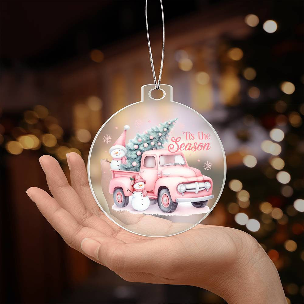 Pink Xmas Tree Pickup Truck Tis the Season Acrylic Christmas Ornament-[Heartfelt Family Gift]