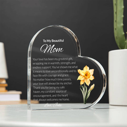 Mom Acrylic Heart Plaque with Personalized Birthflower