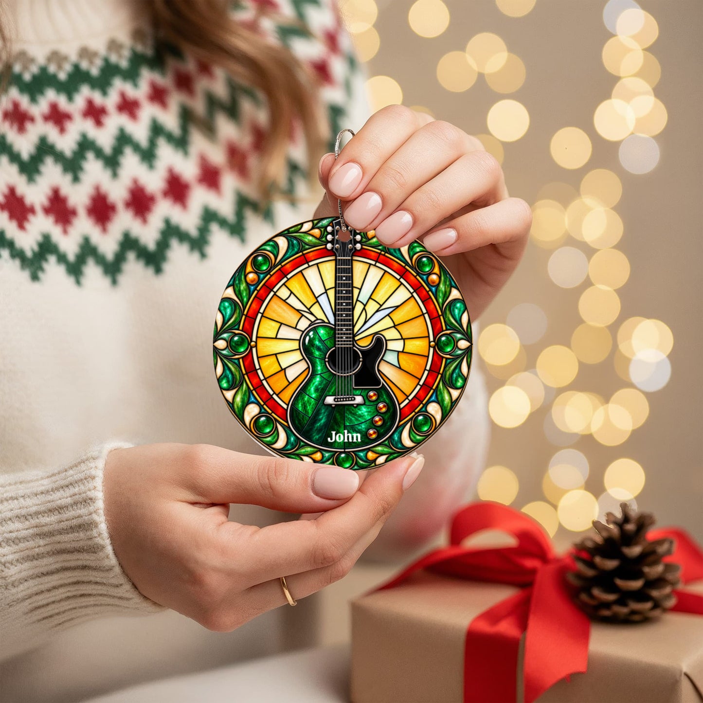 Electric Guitar Christmas Ornament, Music Lover Tree Decor, Stained Glass Style Acrylic Hanging Holiday Gift for Guitarists