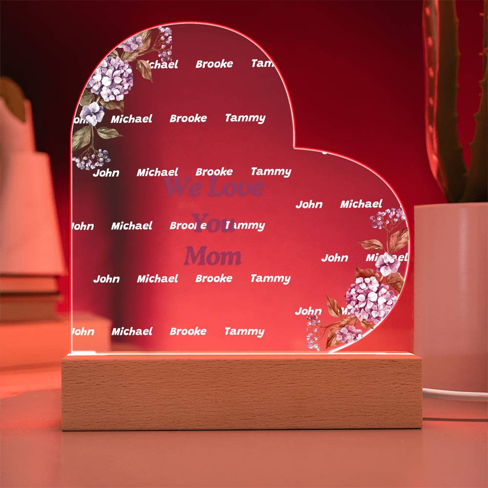 We Love You Mom Acrylic Heart with Kids Names-[Heartfelt Family Gift]