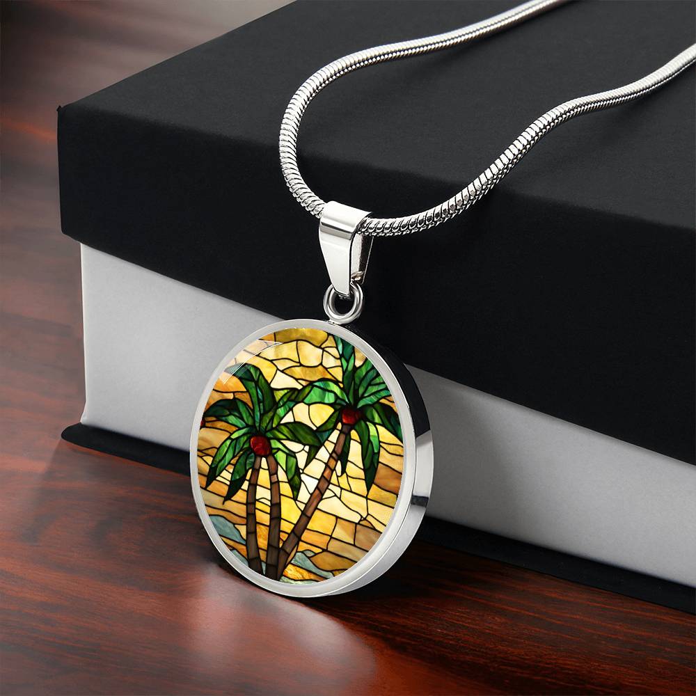 Palm Tree Stained Glass Style Pendant Necklace