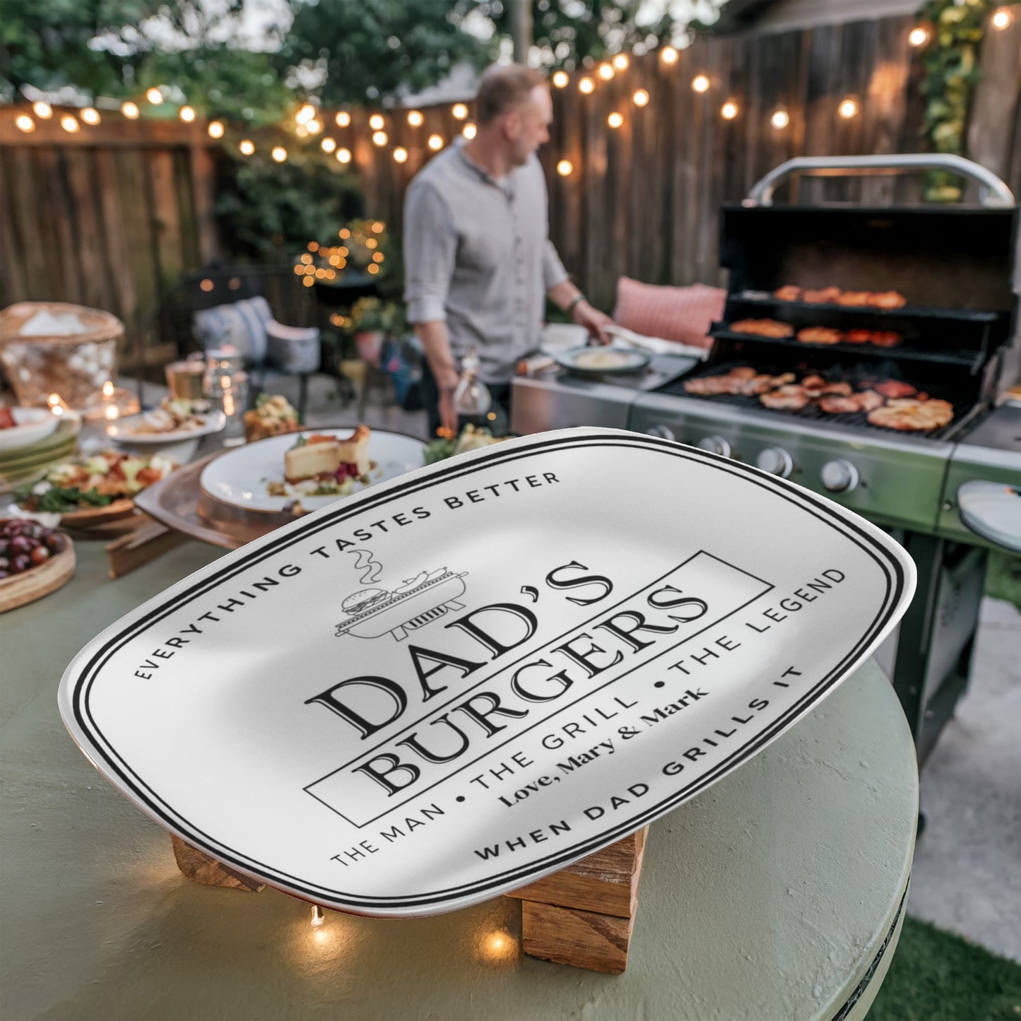 Dads Burger Personalized Plate, BBQ Platter, Custom Grill Gift, Outdoor Dining, Unique Fathers Day Gift, Grilling Accessories