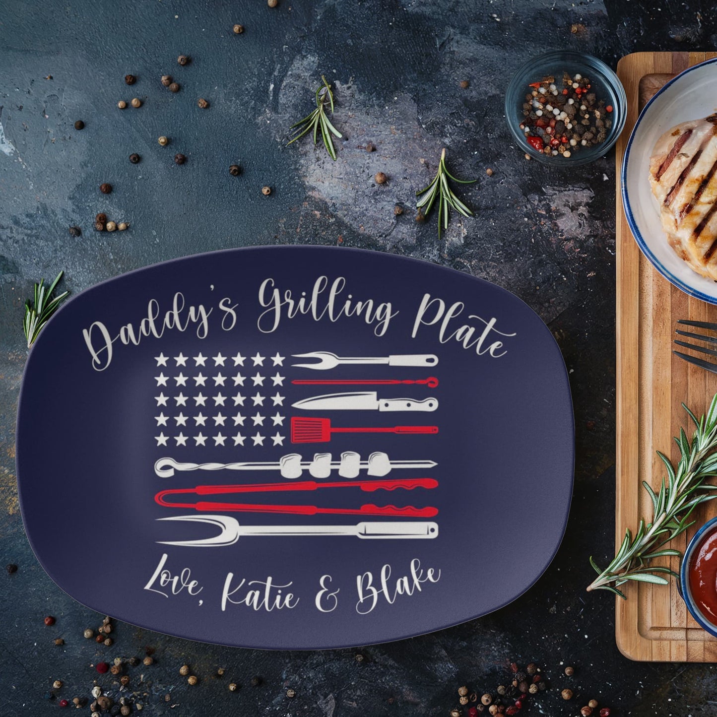 Personalized Patriotic BBQ Serving Tray, Father's Day Gift, Custom Grilling Plate, Outdoor Party Dish, American Flag Design