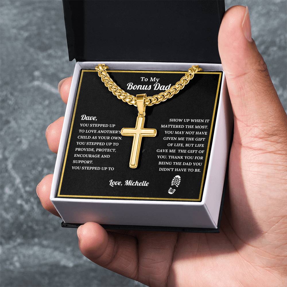 Personalized Bonus Dad Engraved Cross Necklace