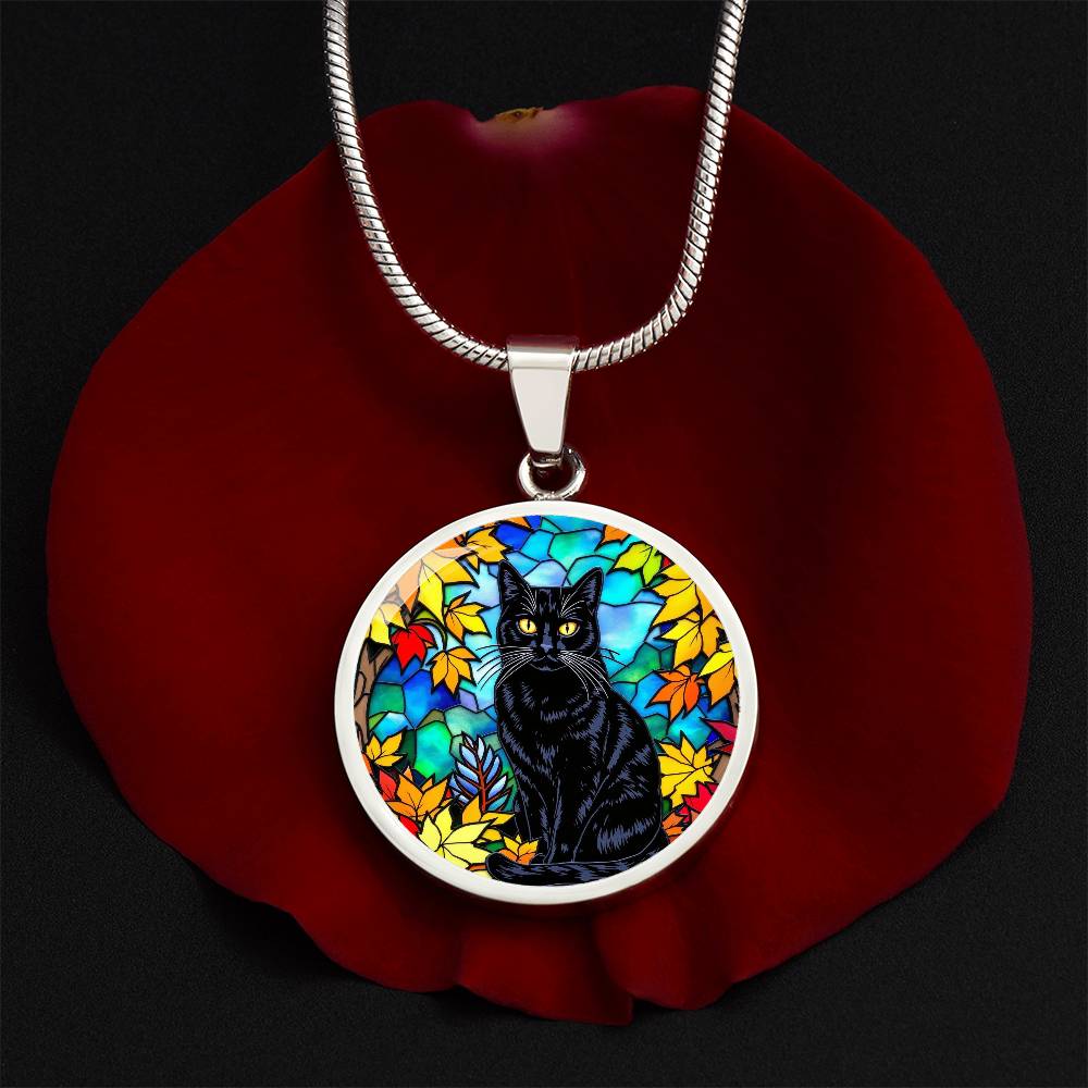 Fall Black Cat Pendant Necklace, Stained Glass Style, Autumn Leaves Jewelry, Cat Lover Gift, Halloween Statement Necklace, Unique Cat Pendant, Artistic Accessory