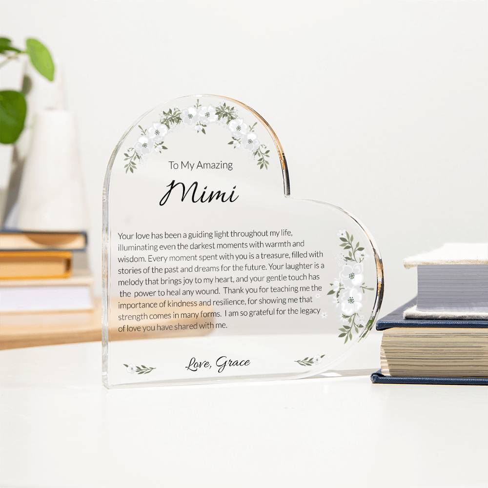 Mimi Acrylic Heart Plaque, Grandma Gift, Personalized Grandma Keepsake, Heartfelt Grandmother Tribute, Mother's Day Gift for Mimi
