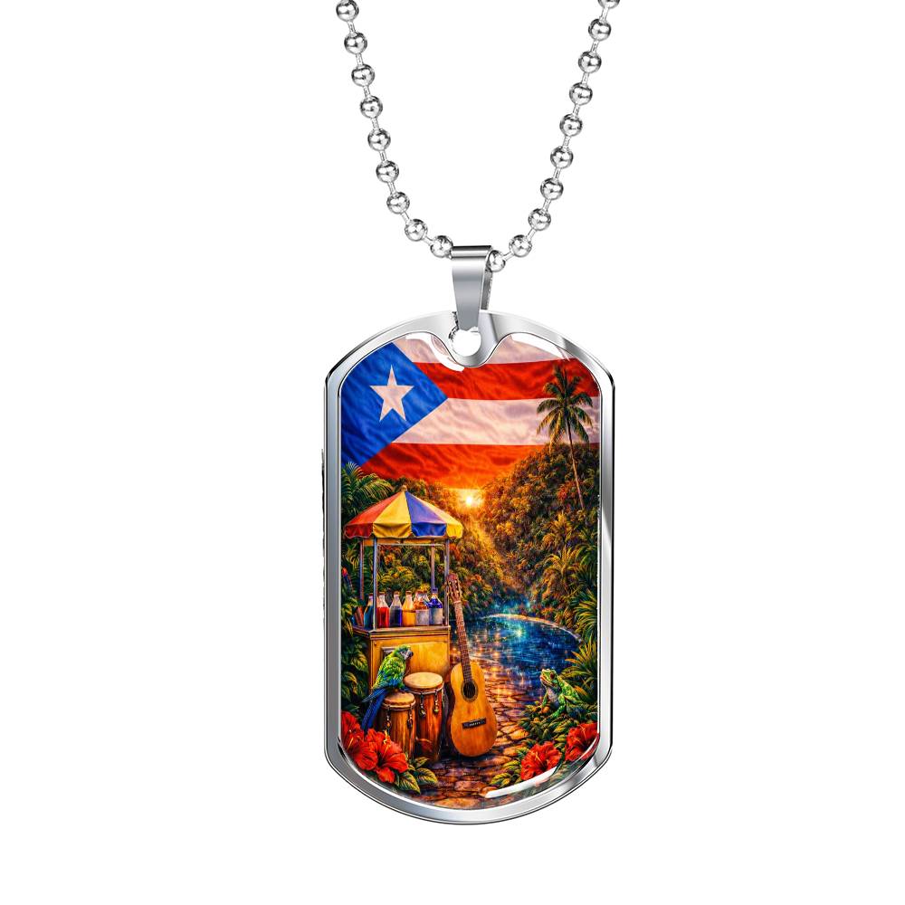 Engraved Puerto Rico Flag Latin American Culture Dog Tag Necklace or Keychain