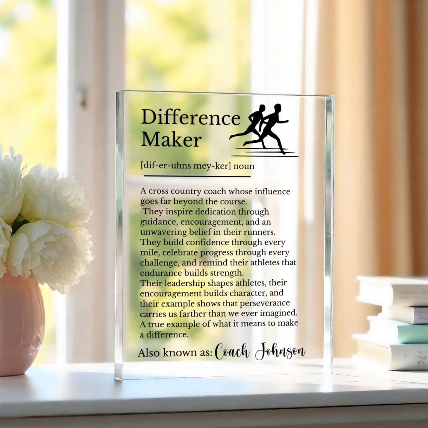 Cross Country Coach Gift, Inspirational Plaque, Acrylic Award Display, Personalized Teacher Gift, Mentor Appreciation, Custom Name Plaque
