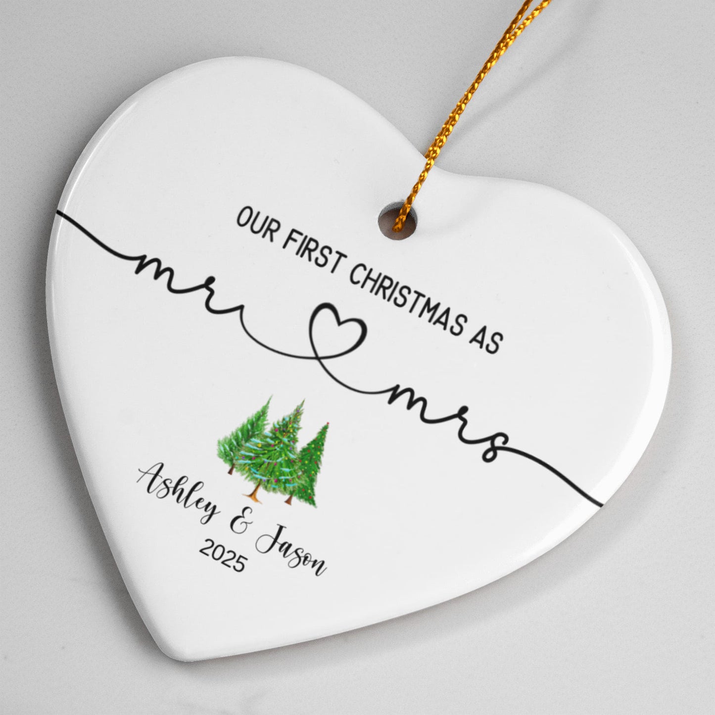 Ceramic Heart Ornament, First Christmas Ornament, Elegant Holiday Decor, Mr and Mrs Keepsake, Personalized Couple Ornament, New Year Gift