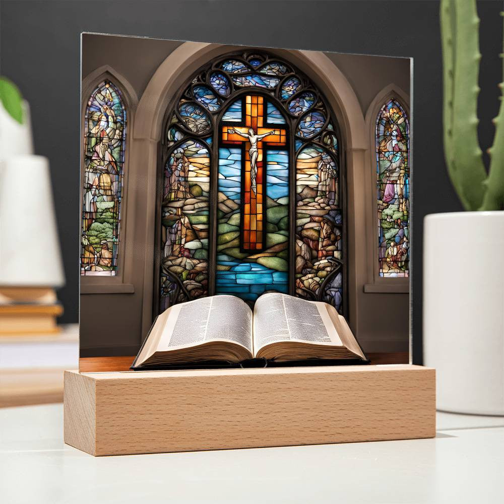 Christian Decor Holy Bible and Stained Glass Cross-[Heartfelt Family Gift]
