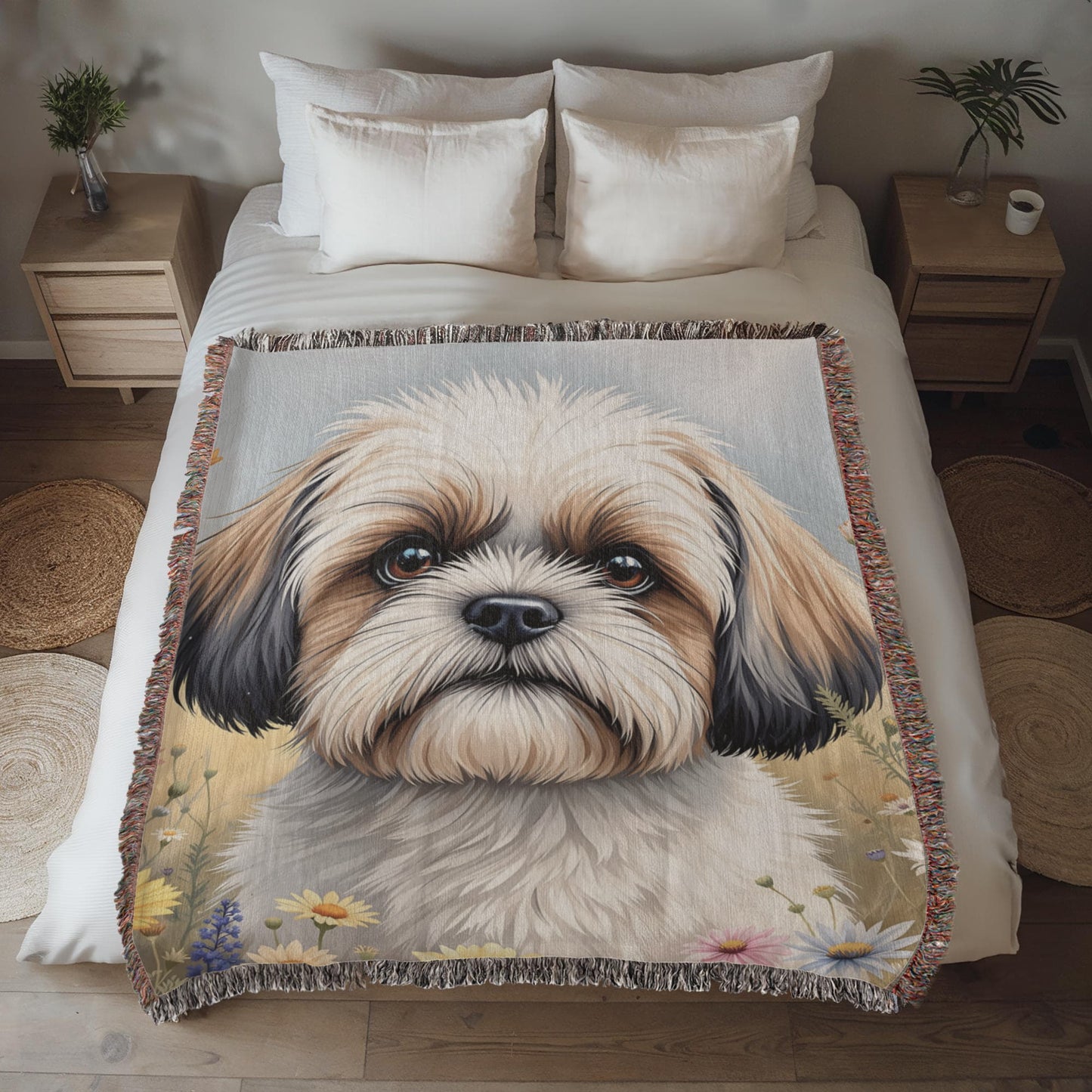 Shih Tzu Wildflower Woven Cotton Throw Blanket