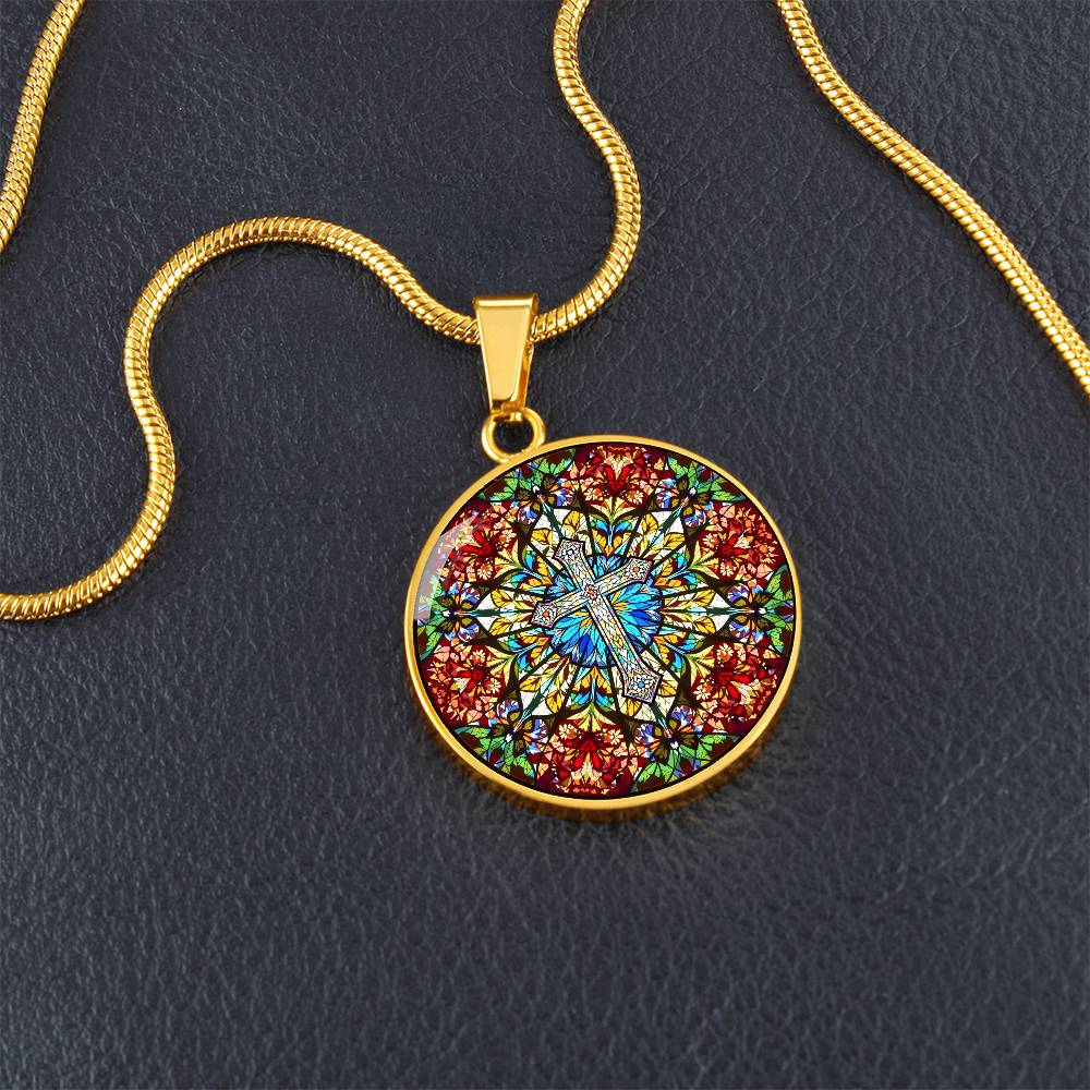 Cross Faux Stain Glass Pendant Necklace
