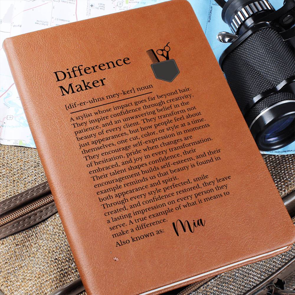 Hairdresser Journal Difference Maker Gift, Vegan Leather Notebook, Stylist Diary, Inspirational Hair Stylist Present, Custom Name
