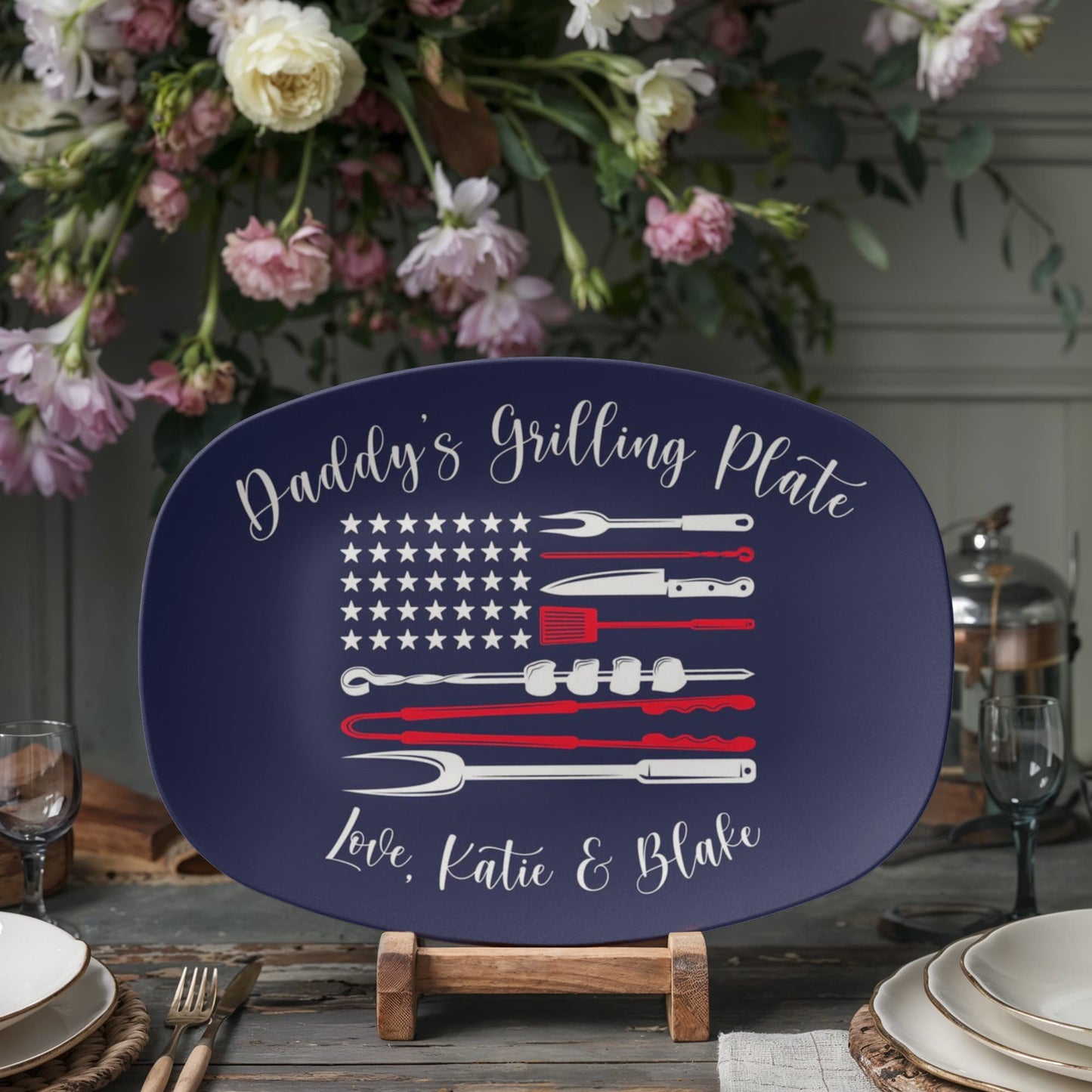 Personalized Patriotic BBQ Serving Tray, Father's Day Gift, Custom Grilling Plate, Outdoor Party Dish, American Flag Design