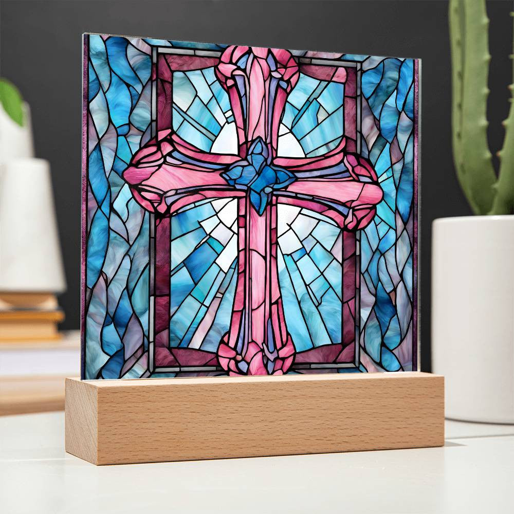 Faux Stained Glass Acrylic Cross Plaque-[Heartfelt Family Gift]