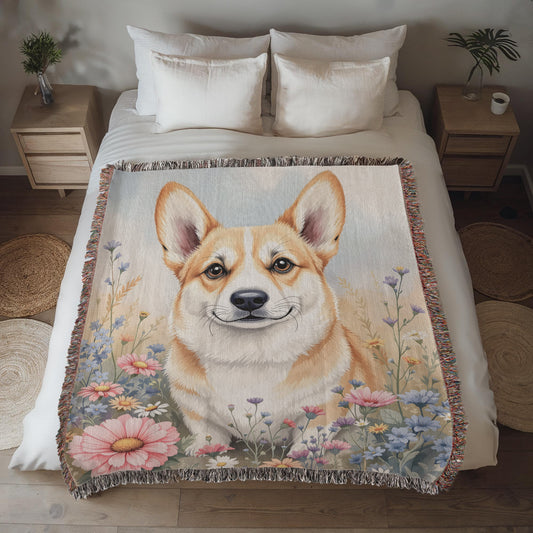 Corgi Dog WIldflower Woven Cotton Blanket-[Heartfelt Family Gift]