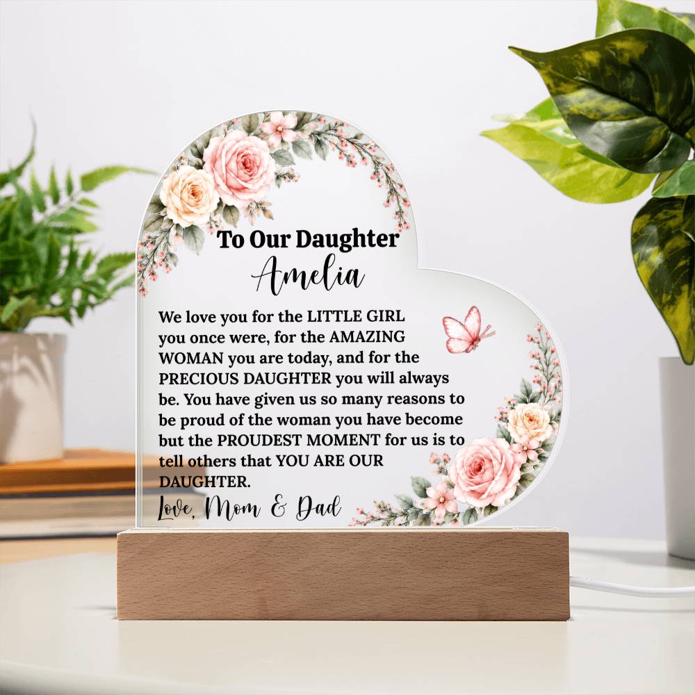 Daughter Lighted Heart Gift, Acrylic Plaque with LED Base, Color-Changing Heart for Birthday, Graduation Keepsake, Wedding Gift