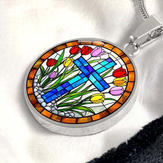 Cross and Tulip Floral Necklace with Engraving-[Heartfelt Family Gift]
