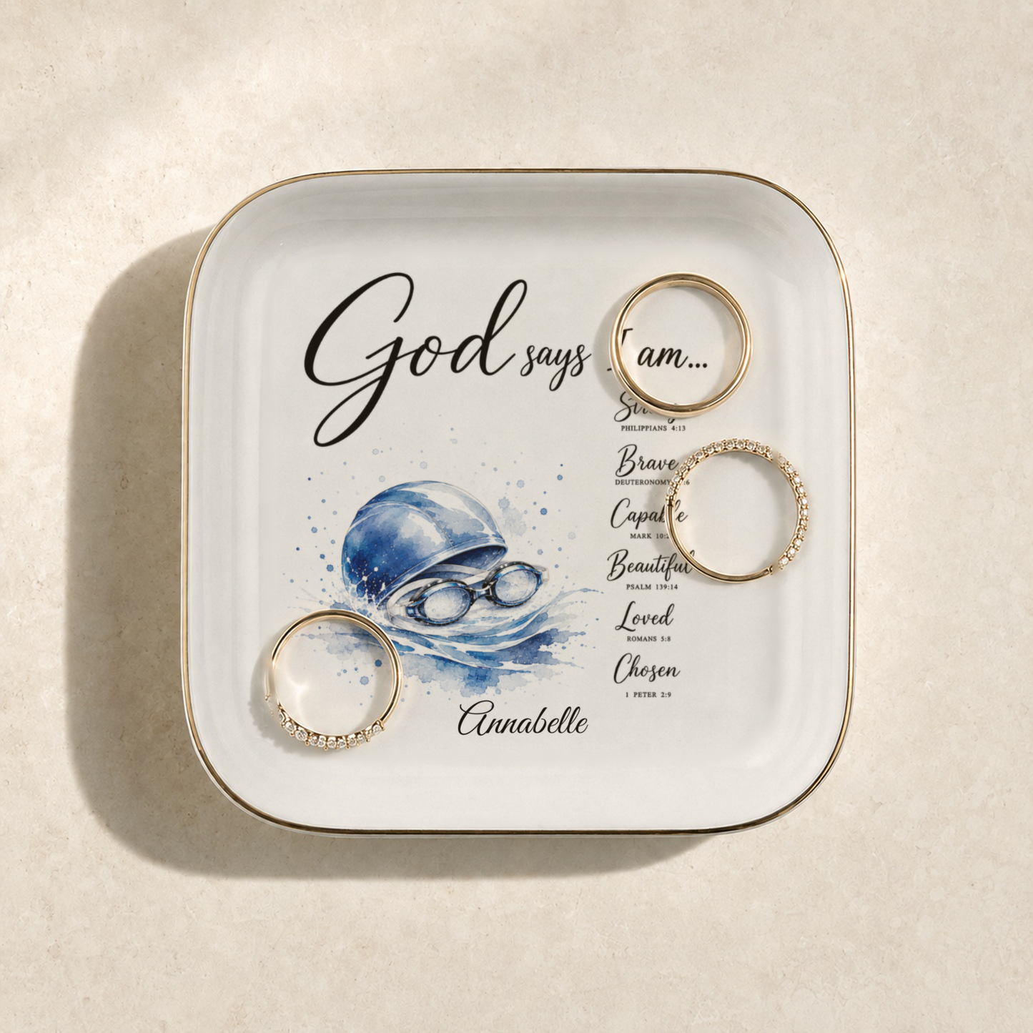 Swimming Christian Jewelry Dish, Swimmer Gift, Faith Trinket Tray, God Says I Am Dish, Personalized Swim Gift, Gold Trim Ceramic Tray