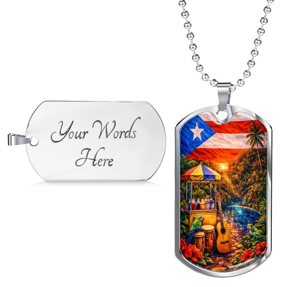 Engraved Puerto Rico Flag Latin American Culture Dog Tag Necklace or Keychain