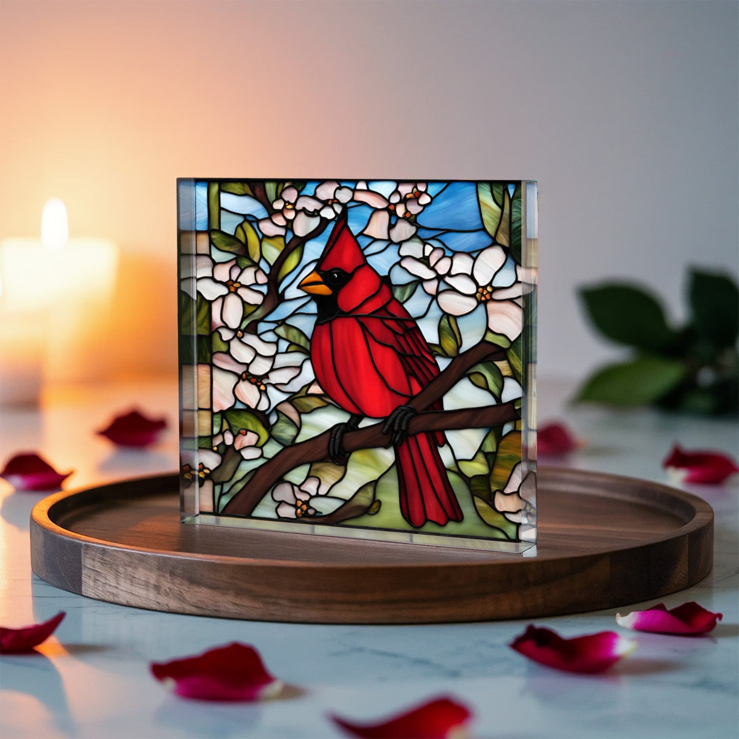 Cardinal Bird Decor, Nature Inspired Plaque, Acrylic Art Panel, Floral Stained Glass Style, Home Office Gift, Decorative Nature Art