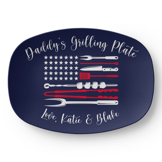 Personalized Patriotic BBQ Serving Tray, Father's Day Gift, Custom Grilling Plate, Outdoor Party Dish, American Flag Design