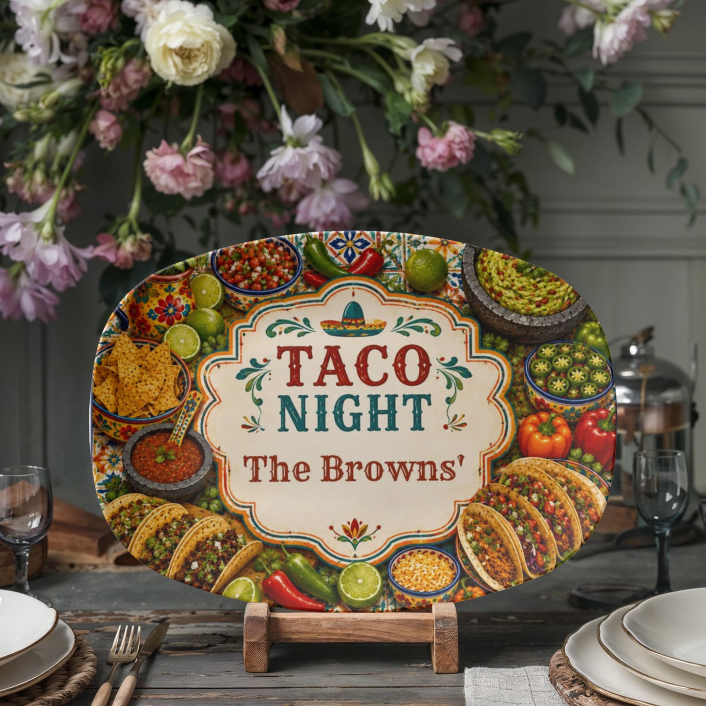Personalized Taco Serving Tray, Family Name Tray, Custom Taco Night Platter, Mexican Fiesta Decor, Unique Housewarming Gift, Kitchen Tableware,