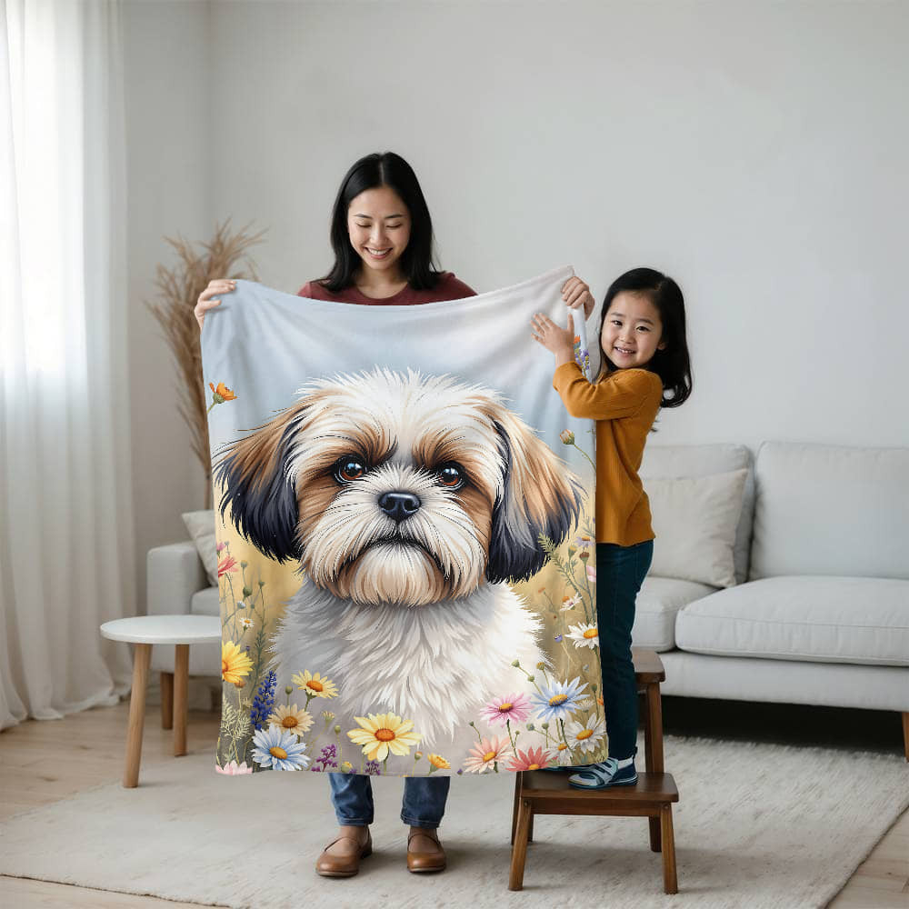 Shih Tzu Dog Wildflower Floral Dog Woven Blanket-[Heartfelt Family Gift]