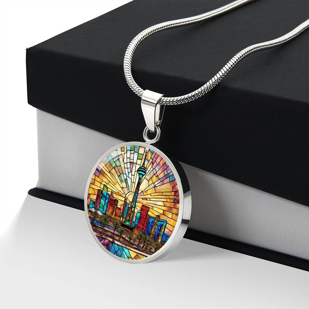 Las Vegas Skylight Stained Glass Look Round Pendant Necklace in Gold or silver-[Heartfelt Family Gift]