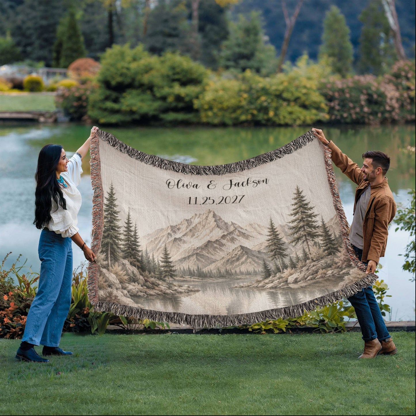 Custom Couples Woven Blanket, Personalized Wedding Gift with Names and Date, Mountain Forest Throw, Anniversary Gift 100% Cotton