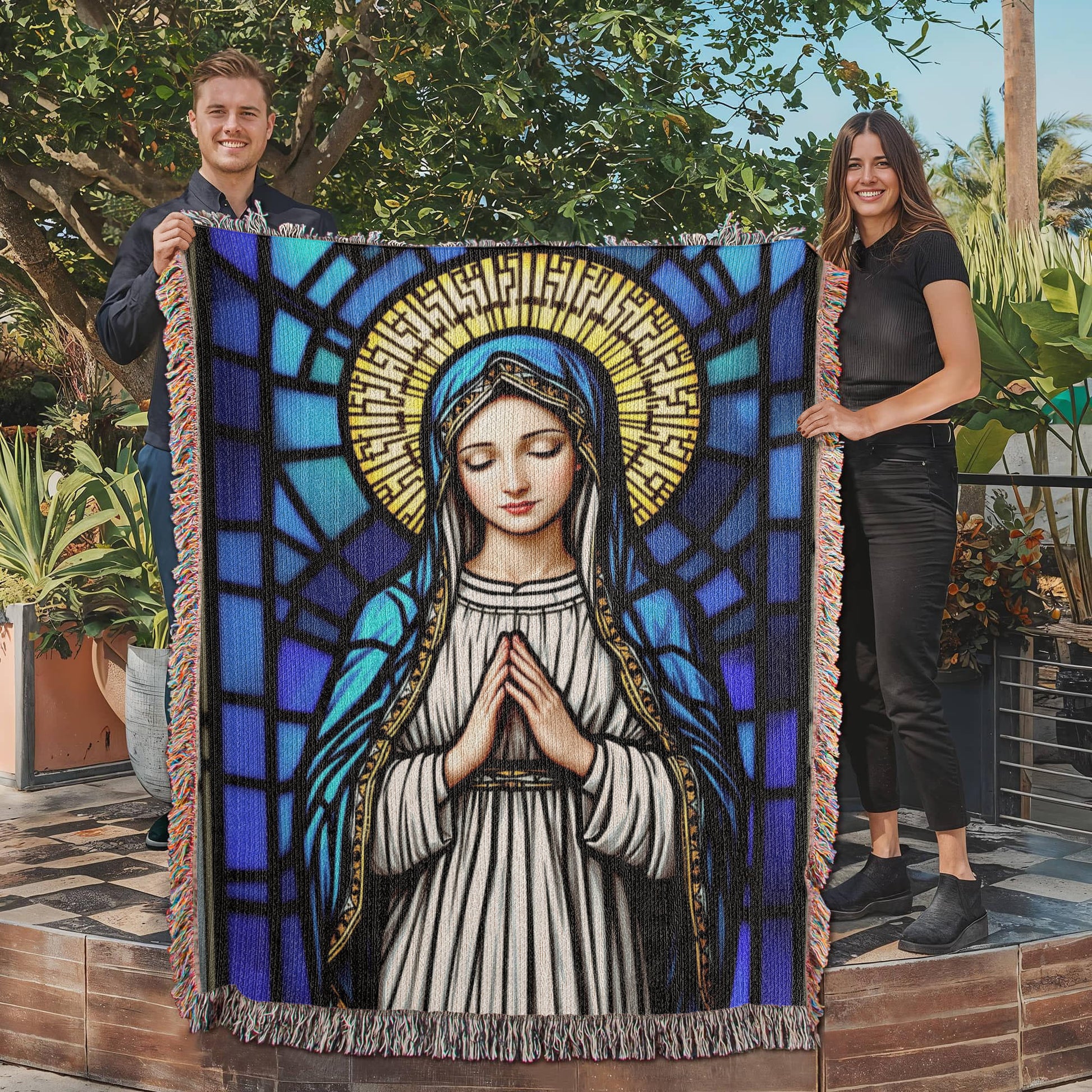 Mother Mary Woven Cotton Throw Blanket-[Heartfelt Family Gift]