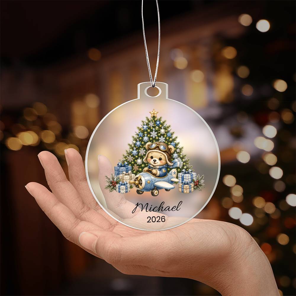 Personalized Teddy Bear Airplane Pilot Christmas Ornament