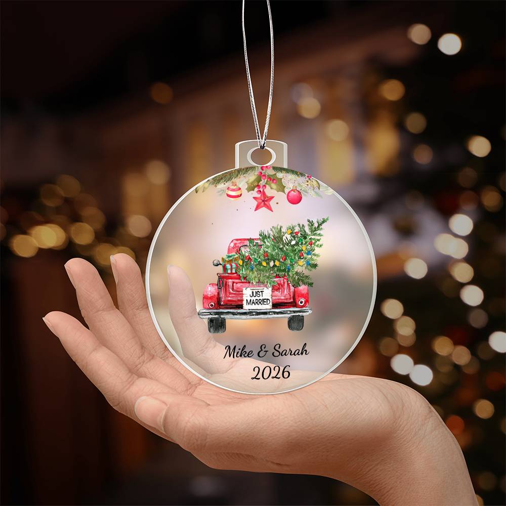 First Christmas Married Ornament, Personalized Acrylic Heart, Vintage Truck Keepsake, Newlywed Holiday Gift, Custom Wedding Ornament