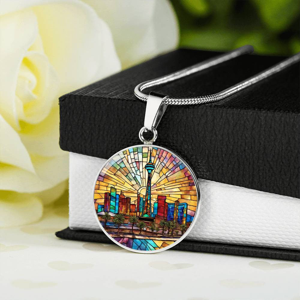 Las Vegas Skylight Stained Glass Look Round Pendant Necklace in Gold or silver-[Heartfelt Family Gift]