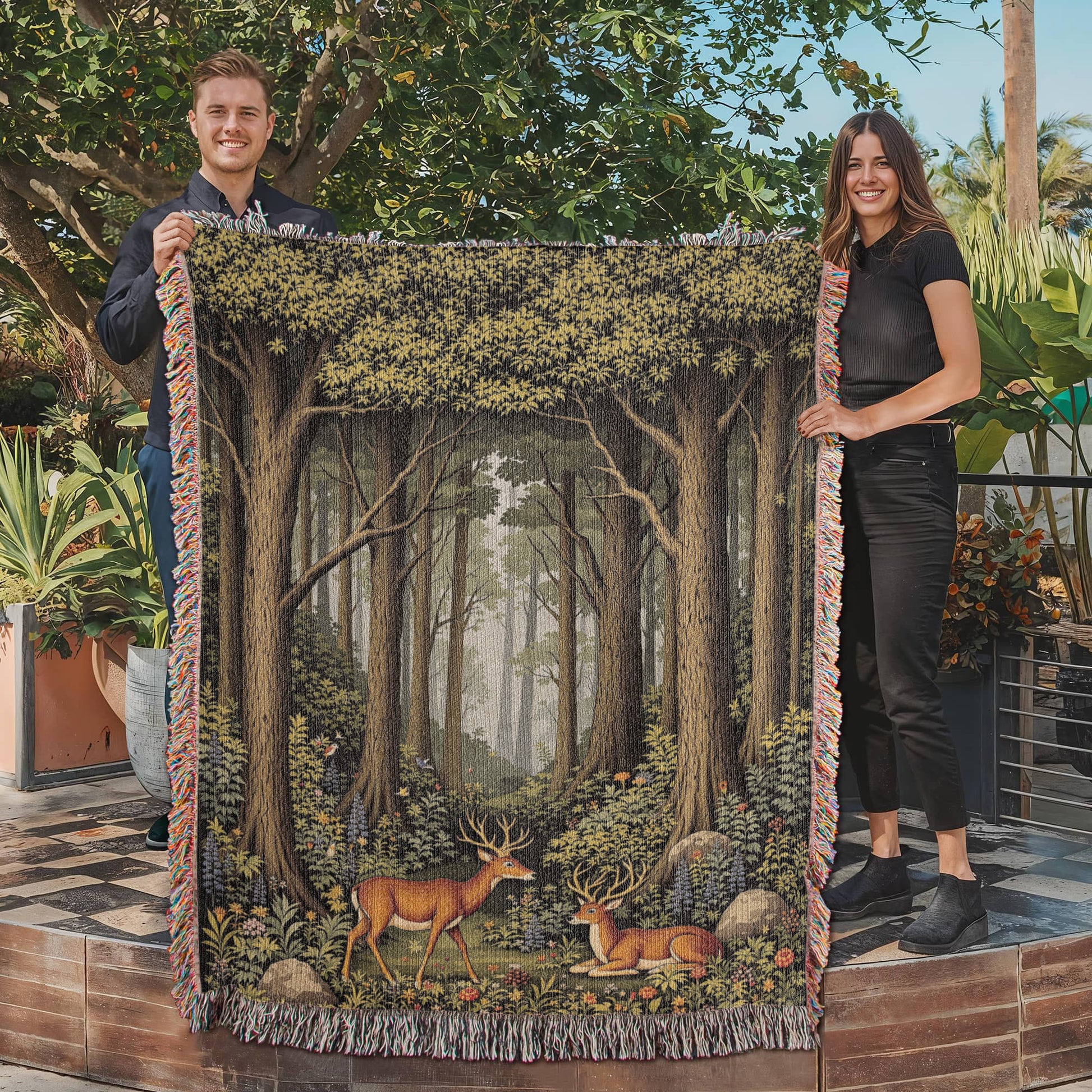 Forest Deer Woven Cotton Blanket Throw-[Heartfelt Family Gift]