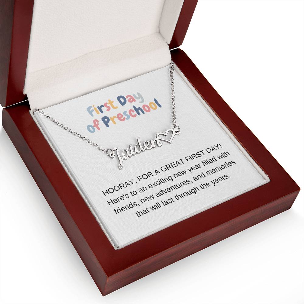 First Day of Preschool Name Necklace with Heart-[Heartfelt Family Gift]