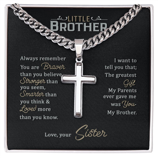 Little Brother love your lord with all your strength Personalized Cross Necklace with Cuban Chain-[Heartfelt Family Gift]