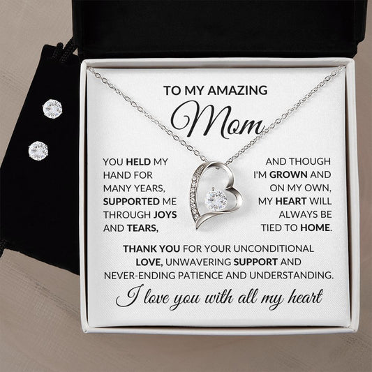 Mom Through Joys and Tears Silver Heart Necklace Earring Set-[Heartfelt Family Gift]