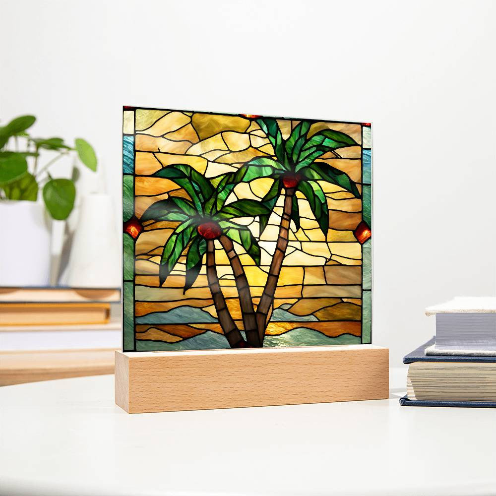Palm Trees Faux Stained Glass Acrylic Square Plaque-[Heartfelt Family Gift]